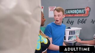 ADULT TIME - Clueless Teen Undressed And Fucked Group Of Naughty MILFs At Laundromat!
