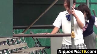 Devious Japanese students peeing covertly open spot