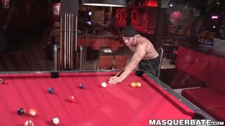 Muscular gay stud Chuck is playing pool and masturbating