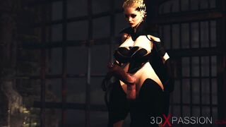 Anal slave slut. Big tits cuffed horny girl in restraints gets fucked roughly by shemale