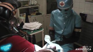 Rubbernurse Agnes - short blue latex nurse dress with mask- a little bit blowjob, handjob, prostate massage, tender CBT.....Part 1