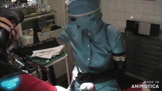 Rubbernurse Agnes - short blue latex nurse dress with mask- a little bit blowjob, handjob, prostate massage, tender CBT.....Part 1
