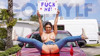 Mylf - Gorgeous Exhibitionist Lilly Hall Sits On The Hood Of Her Car With A Big Sign That Says - Fuck Me