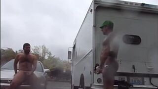 Public Rainy Stroking in a Parking Lot by Two Horny Men