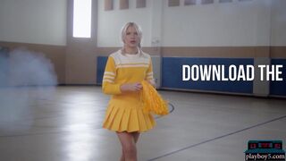 Petite blonde MILF cheerleader stripping