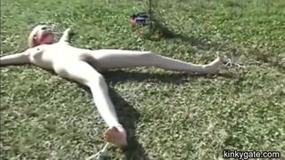 My blonde slut lying tied up on the lawn