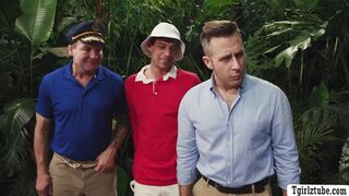 Three lucky dudes meet gorgeous TS in the jungle