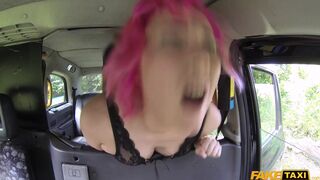 Pretty pink hair teen cums in cabbies mouth from pussy eating before taking his cock