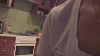 Naughty college slut creamed all over in the kitchen