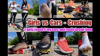 2 girls crushes crush 9 toy cars and really break them, kicked, trampled, crushed, smashed, crushed, broken plastic car they jump, jump, crash the cars destroyed, kicked, trampled, crushed, smashed, crushed, broken plastic car