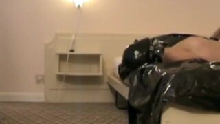 Leather BDSM. Sub Milena fucked in Throat