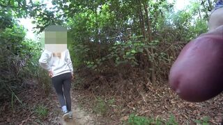 DICK FLASH IN FOREST: Sporty milf caught me jerking off and laughs at my huge cumshot