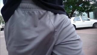 Freeballing Grey Shorts: Flaccid Cock Swinging Outdoors