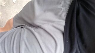 Freeballing Grey Shorts: Flaccid Cock Swinging Outdoors