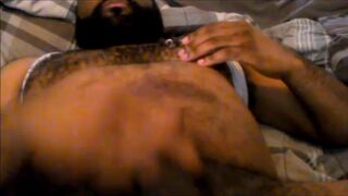 Hairy Black Man Jerks Off, Showing Off His Chest and Belly