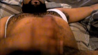 Hairy Black Man Jerks Off, Showing Off His Chest and Belly