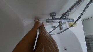 Big-Ass Black Teen's Solo Shower Footjob on Webcam