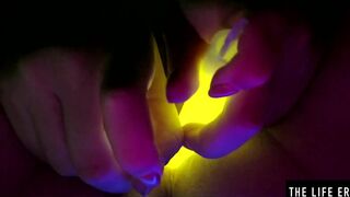 Kinky blonde beauty fucks her pussy and ass with glowsticks