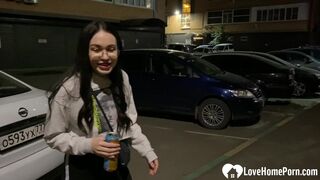 Nerdy babe sucks dick on parking lot