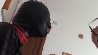 Kneeling, Gagged, and Hooded: Huge Cumshot on Her Mouth