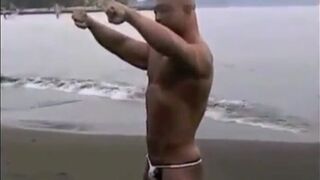 Muscled Asian Stud Bares Almost All at the Beach