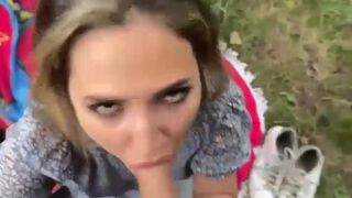 Horny blonde slut takes hard anal pounding outdoor