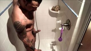 Big-cock Latin amateurs bareback anal in the shower after the gym.