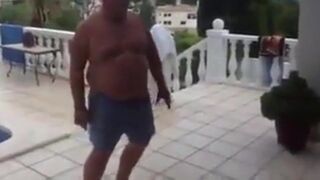 Fat Latin Daddy Strips Outdoors with His Bear