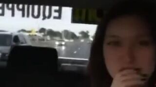 Horny Asian slut fucked in the middle of nowhere on the back of a Ute by a clown