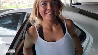 Real Amateur college girl at the gym takes me to her car to fuck in public parking garage.