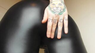 Tattooed Amateur in Leather Pants Shows Off Her Big Ass on Webcam