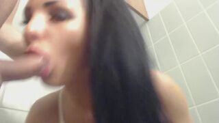 Hot Brunette Babe Sucks and Swallows in Bathroom