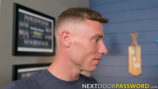 Brawny Justin Mathews and Evan Knoxx fucked the mouth and ass of Trevor Brooks in a f