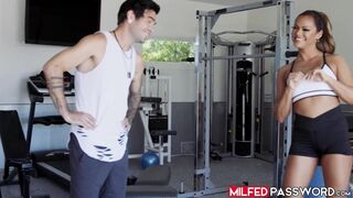 Busty athletic lady Aila Donova lets a hunk dude fuck her in the gym