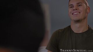 Slim and sexy trans Janie Blade fucks young stud Tony Sting until he cums