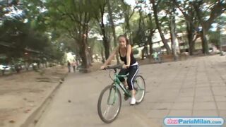 Busty fit teen slut cycles around town