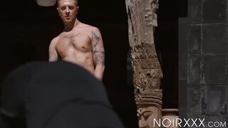 Sexy tattooed stud Danny Gunn gets a private ass stretching session with Timmarrie