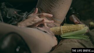 Kinky beauty has weird sex with a scarecrow and a corncob