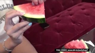 Hot woman eats watermelon with live fish - giantess vore