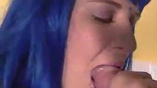 Blue-Haired Crossdresser Sucks Amateur Cock