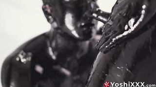 Asian Damian Dragon and Yoshi Kawasaki splatter oily black goo while breeding raw