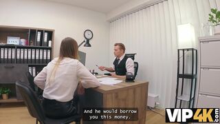 Busty beauty Maya came for a loan and got a big cock inside her pussy in the office