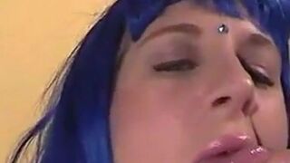 Blue-Haired Crossdresser Sucks Amateur Cock