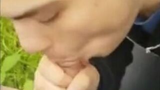 Twink Sucks Big Cock Outdoors and Swallows Cum