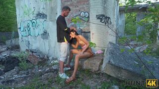 Hot Russian brunette unleashed herself and fucked in public ruins in front of her BF