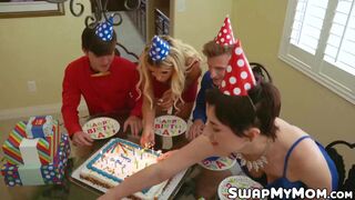 Best friends Olive Glass and Brooklyn Chase surprise their stepsons with blowjobs