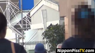 Staggering Japanese brunettes pissing themselves open air