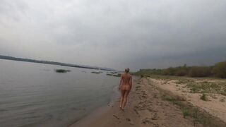 Naked Autumn River Walk with a Blonde Beauty