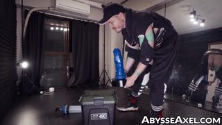 Lustful Axel Abysse farts loudly after riding a gigantic toy in the gym