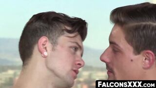 FalconsXXX.com - Two muscle hunk guys raw ride cock on a white couch for a chill fuck